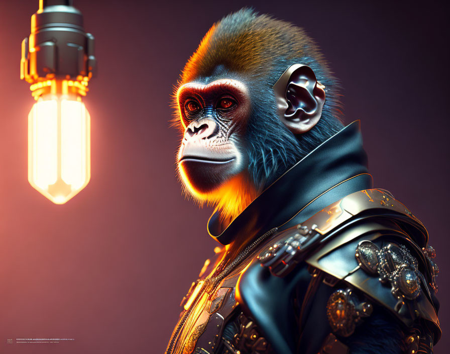 Digital artwork: Monkey in human-like armor staring at glowing light bulb