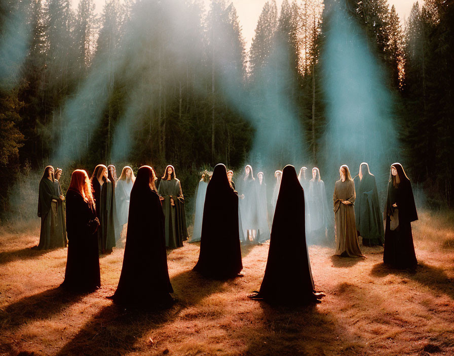 Hooded figures in forest clearing with ethereal light beams