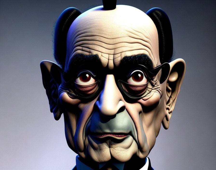 Male 3D caricature with oversized ears, bald head, horns, and stern expression