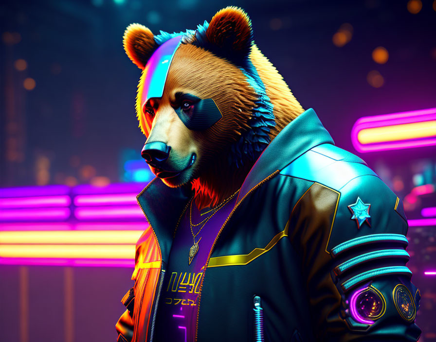 Stylized bear with human-like features in futuristic jacket with neon lights and Japanese text