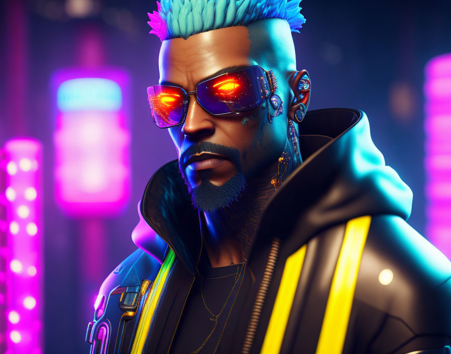 Male character with blue mohawk, sunglasses, and cybernetic ear enhancements in neon-lit