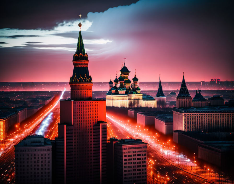 Iconic Kremlin onion domes in aerial view of Moscow at dusk