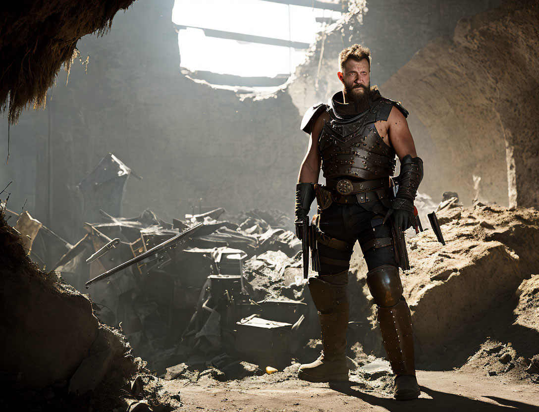 Bearded man in warrior costume amidst ruins with contemplative gaze