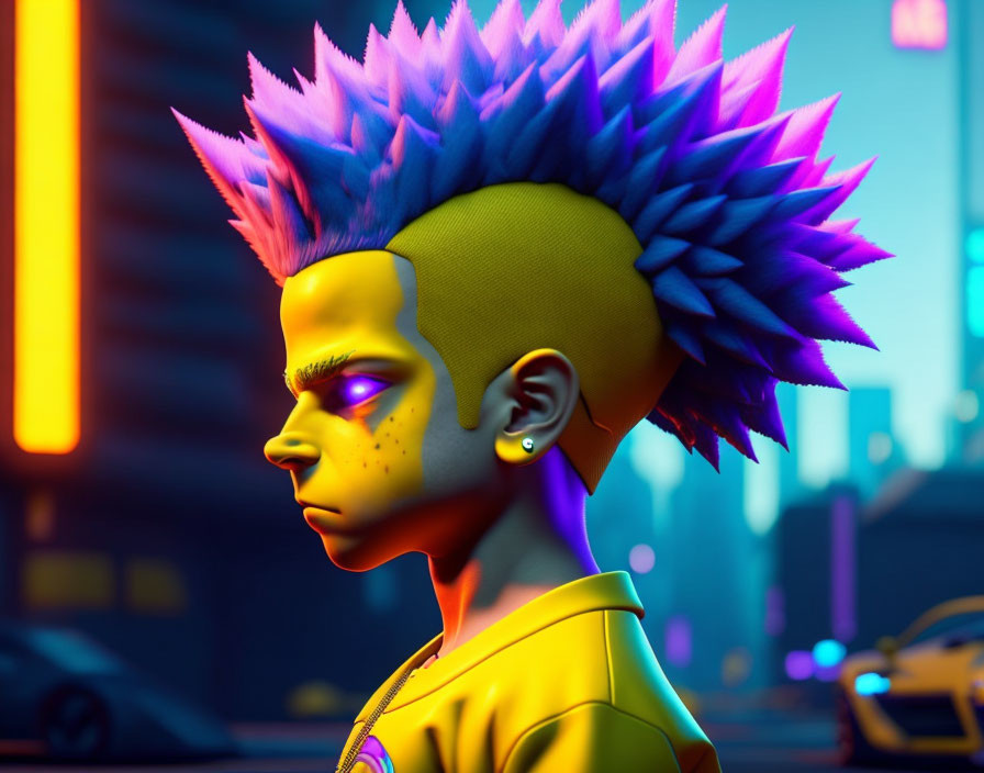 Character with Spiky Blue and Purple Hair in Neon Cityscape