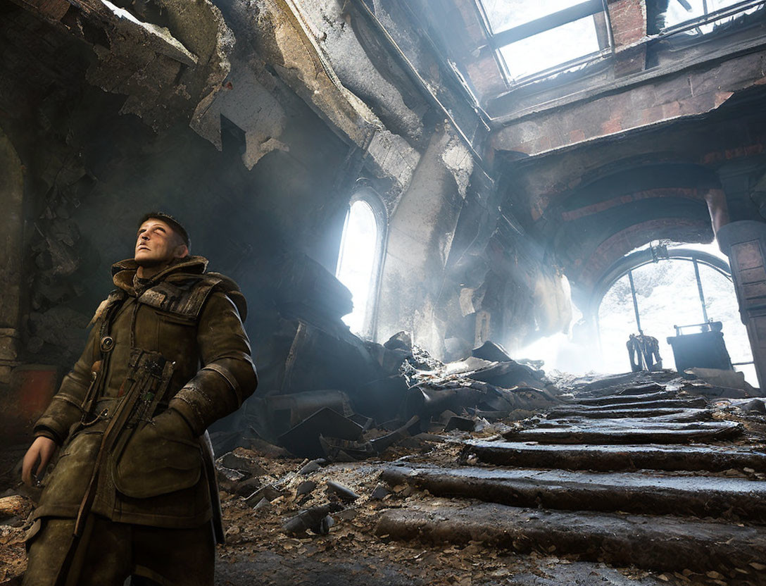 Man in heavy coat stands in dilapidated building with streaming light