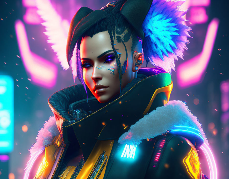 Futuristic character with glowing tattoos and winged headpiece in neon-lit urban setting