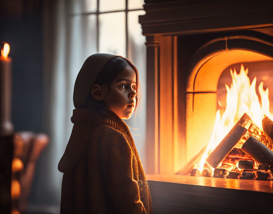 Child in warm sweater and hat by cozy fireplace with glowing flames