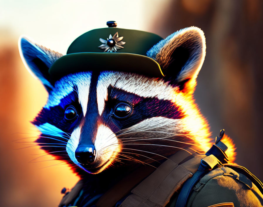 Military-themed raccoon digital artwork with warm lighting