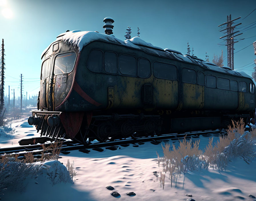 Snow-covered old train on tracks in winter landscape with power lines and trees.