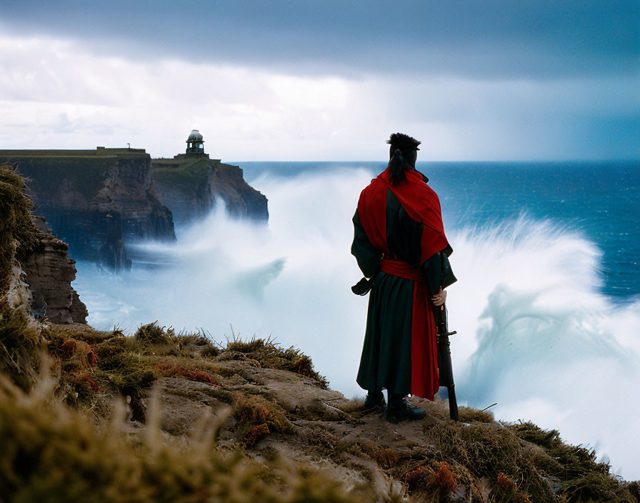 Traditional garb figure on cliff with lighthouse and sea view