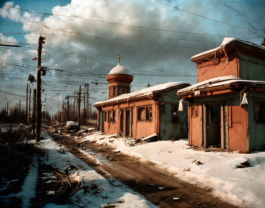 Snow-covered abandoned street with dilapidated building and dome structure under cloudy sky.
