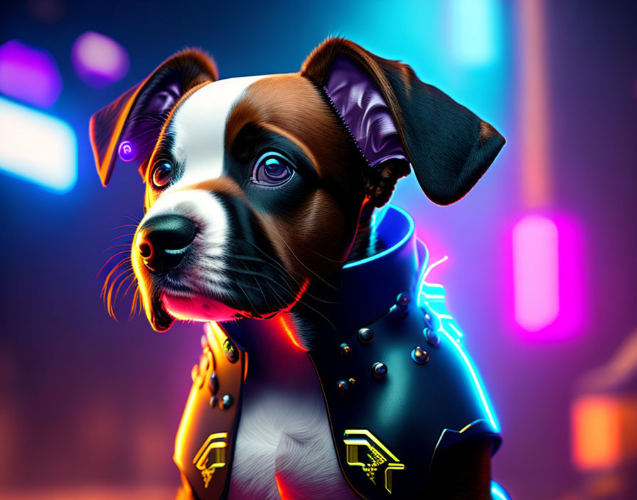 Futuristic neon-lit dog illustration on vibrant backdrop