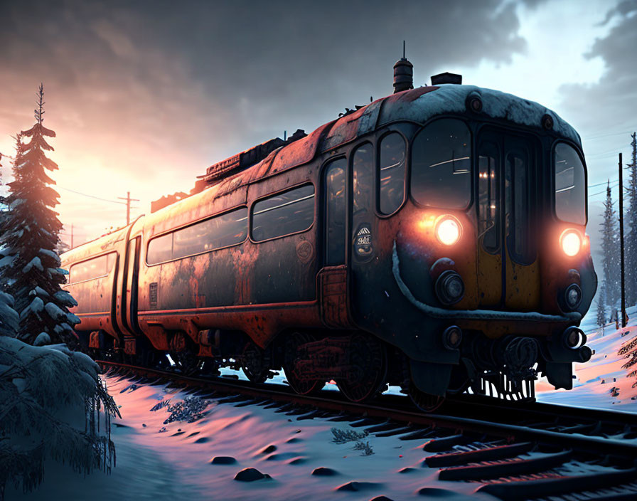 Vintage train journey through snowy dusk landscape