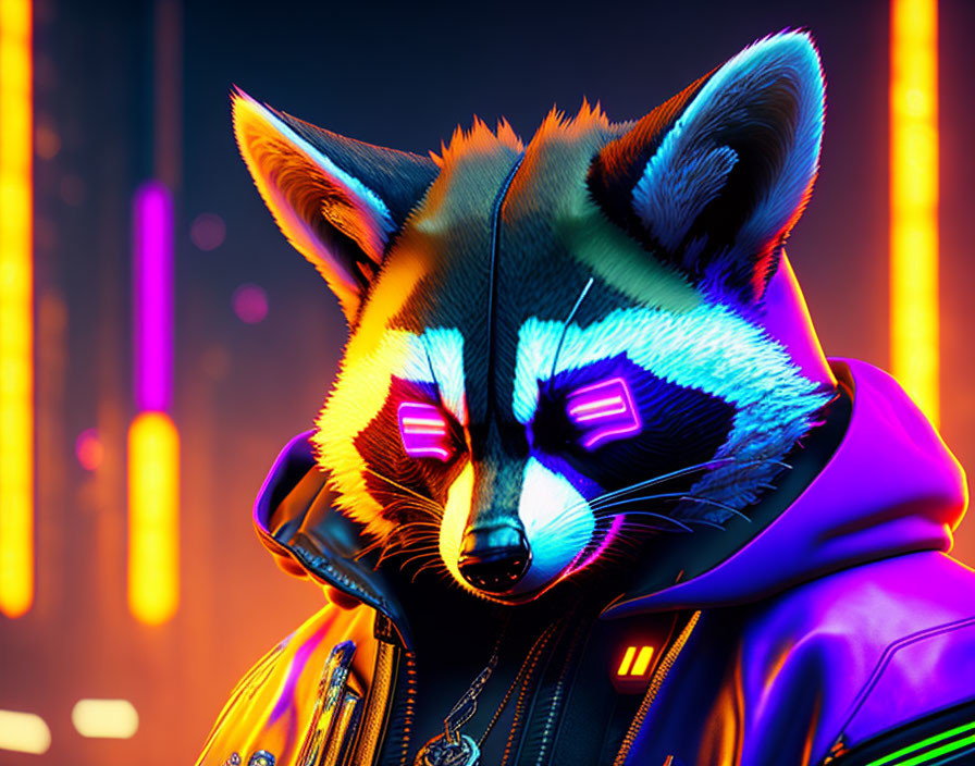 Anthropomorphic raccoon with neon sunglasses in vibrant cityscape.
