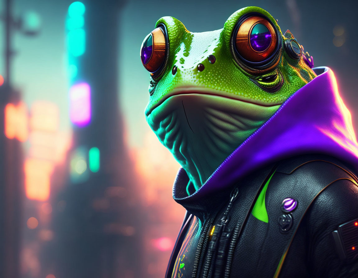 Digital artwork of frog with large eyes in futuristic cityscape