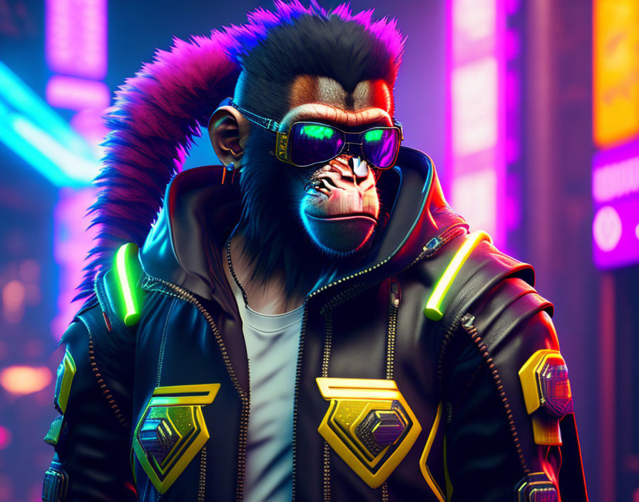 Anthropomorphic monkey in sunglasses and futuristic jacket against neon-lit urban backdrop