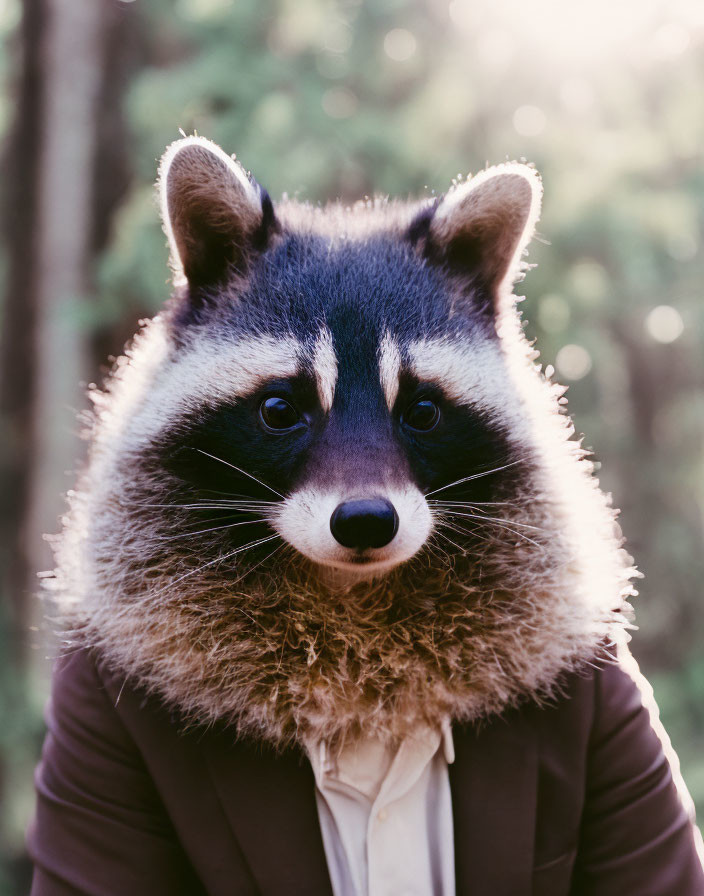 Person in Suit with Raccoon Head in Forest Scene