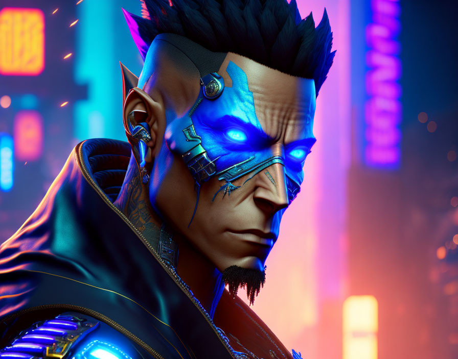 Male character with cybernetic enhancements in neon-lit urban setting