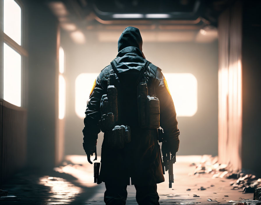 Silhouette of person in tactical gear with gun in dimly lit corridor