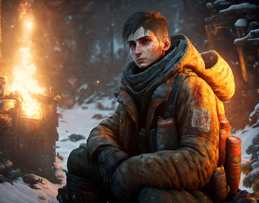 Person in Orange Jacket Sitting by Fire in Snowy Landscape