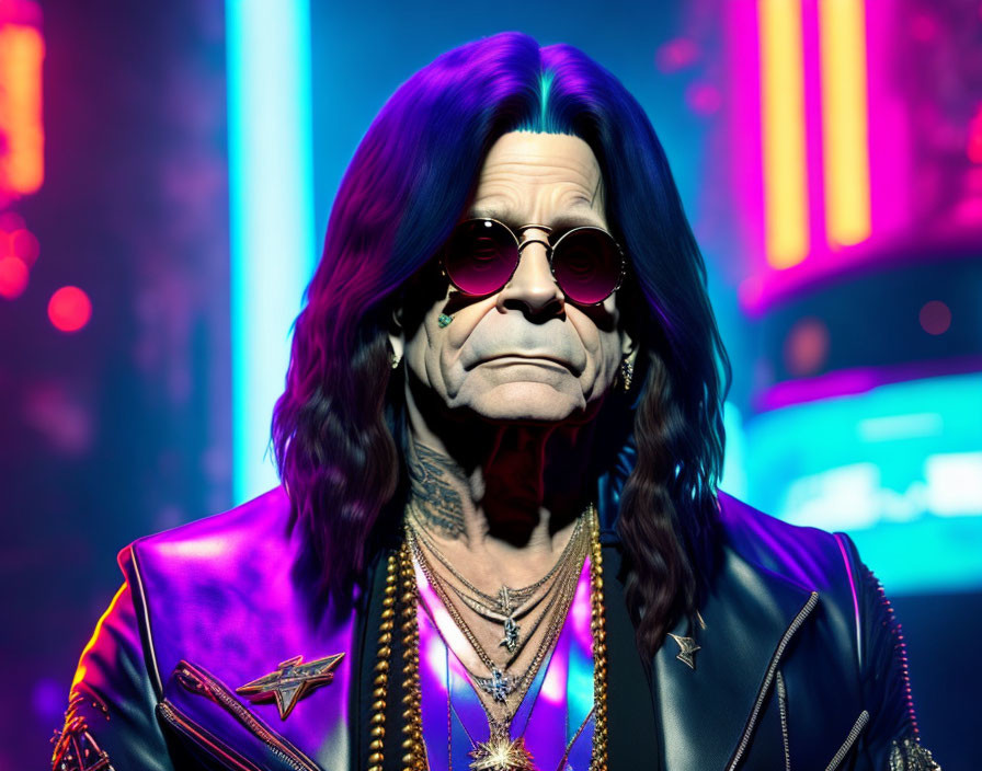 Person in Purple Sunglasses with Long Dark Hair and Leather Jacket in Neon-lit Setting