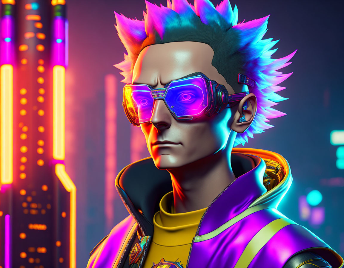 Colorful 3D character with neon glasses in futuristic cityscape
