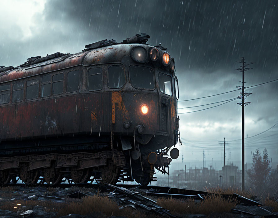 Vintage train in stormy industrial setting with damaged tracks and rain.