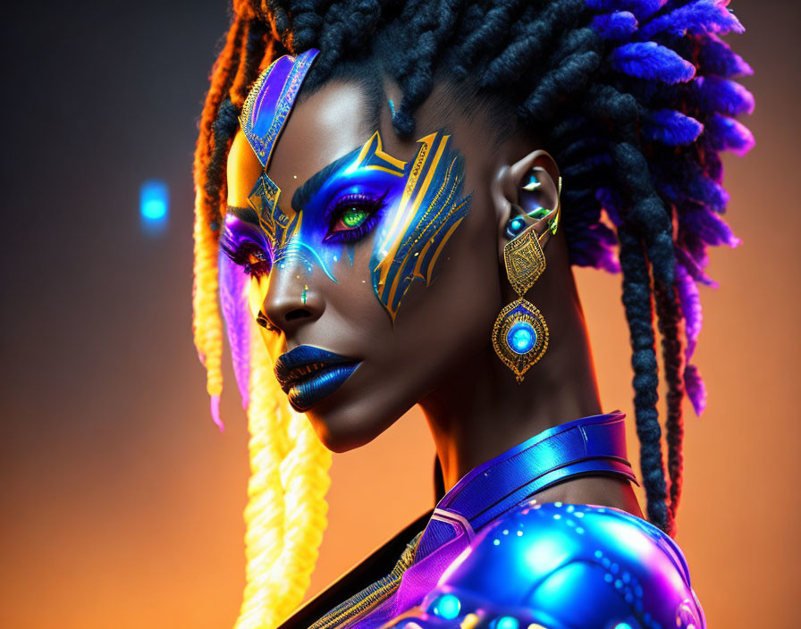 Blue and Gold Face Art with Dreadlocks and Metallic Shoulder Armor on Orange Background