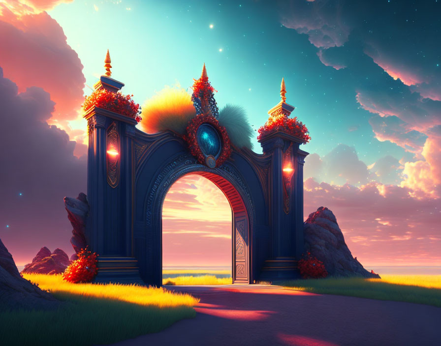 Ornate archway under twilight sky with exotic foliage