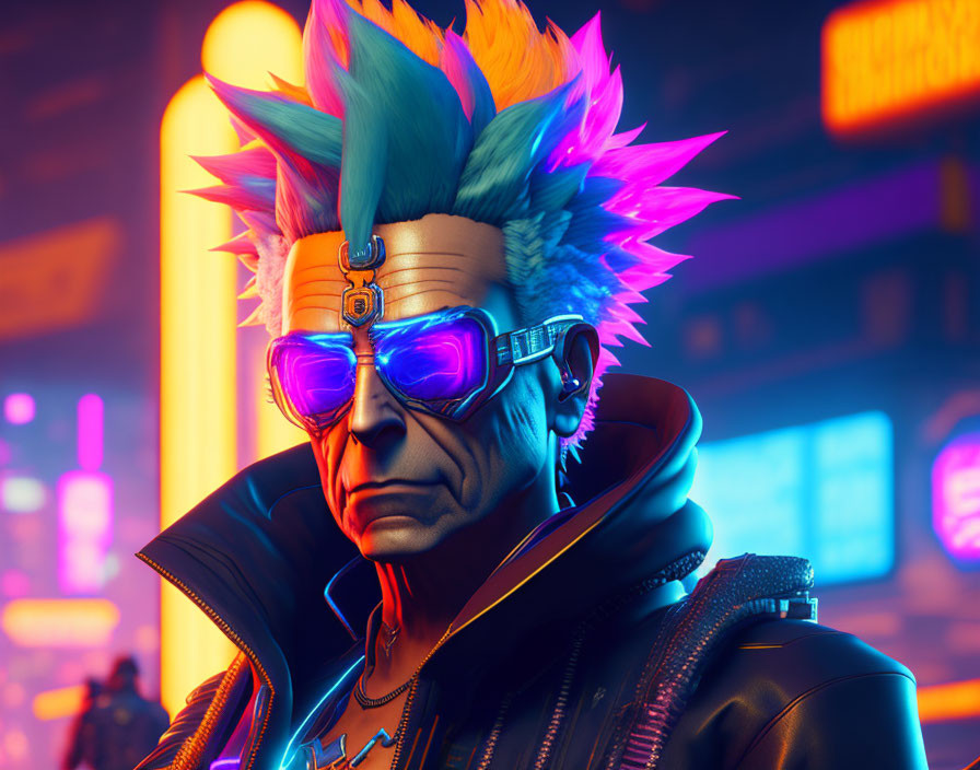 Colorful Mohawk Male Character in Cyberpunk Goggles on Neon-lit Urban Background