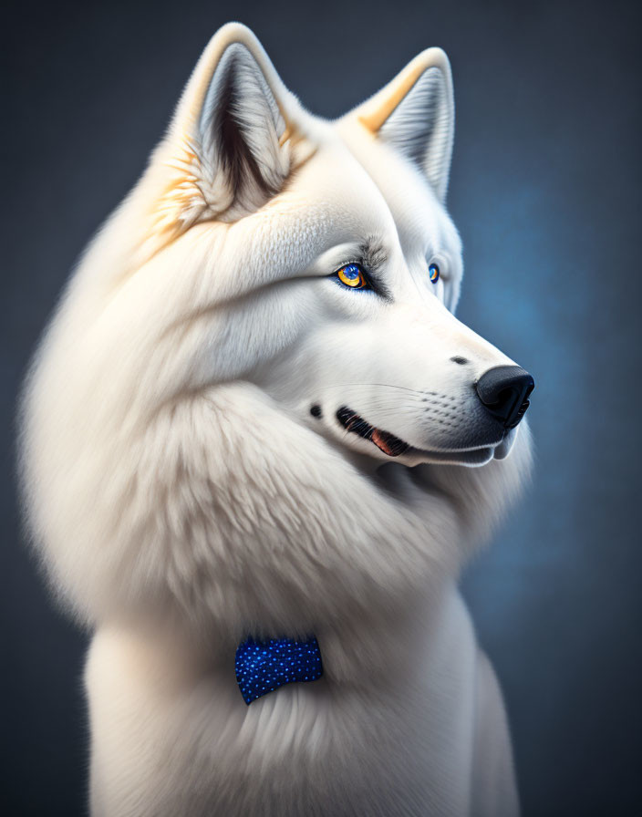 Detailed 3D white wolf with blue eyes and bow tie on grey background