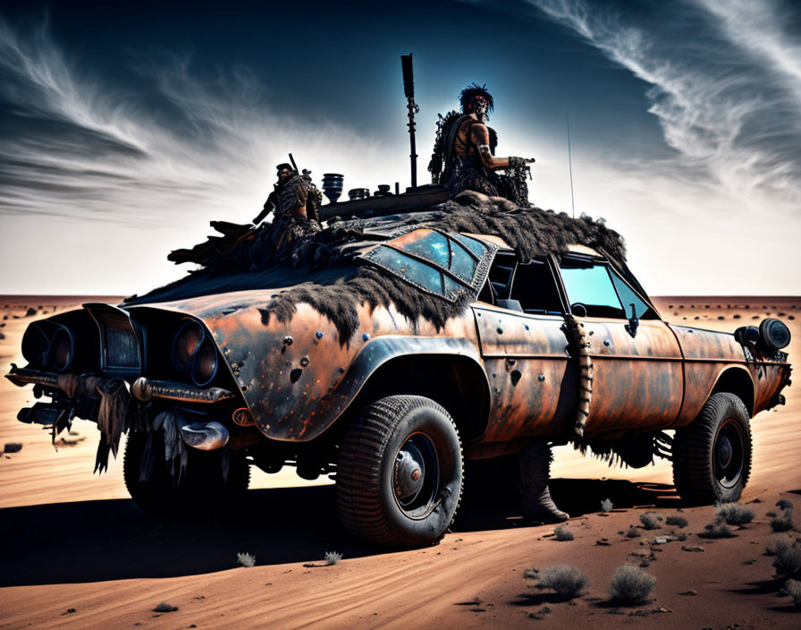 Customized post-apocalyptic vehicle with rust, spikes, parked in desert terrain