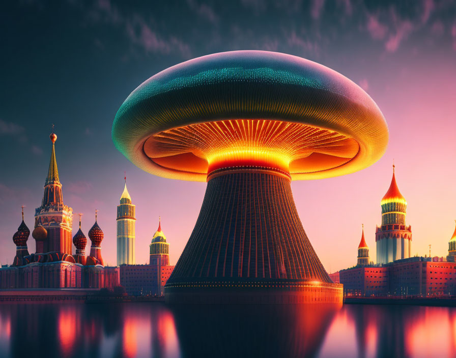 Futuristic mushroom-shaped building in colorful cityscape at dusk