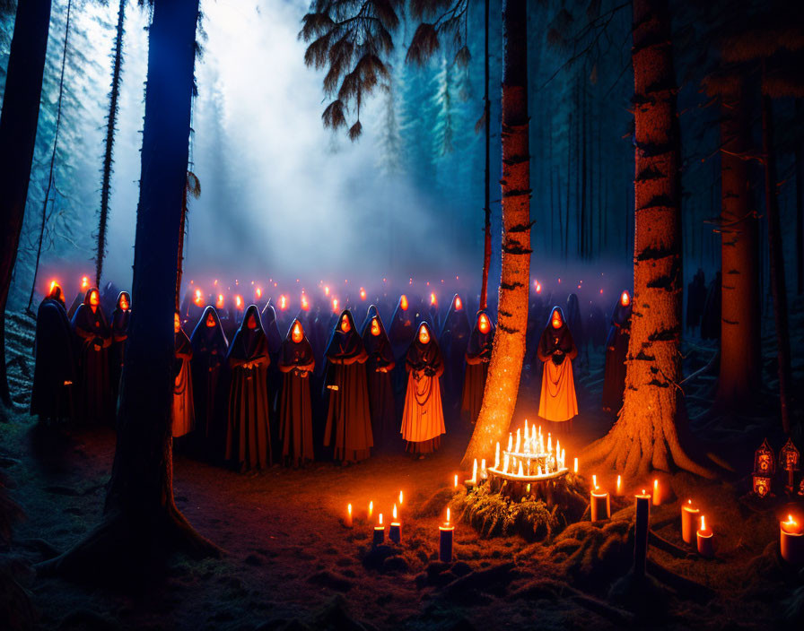 Robed figures in dark forest with lit candles at night