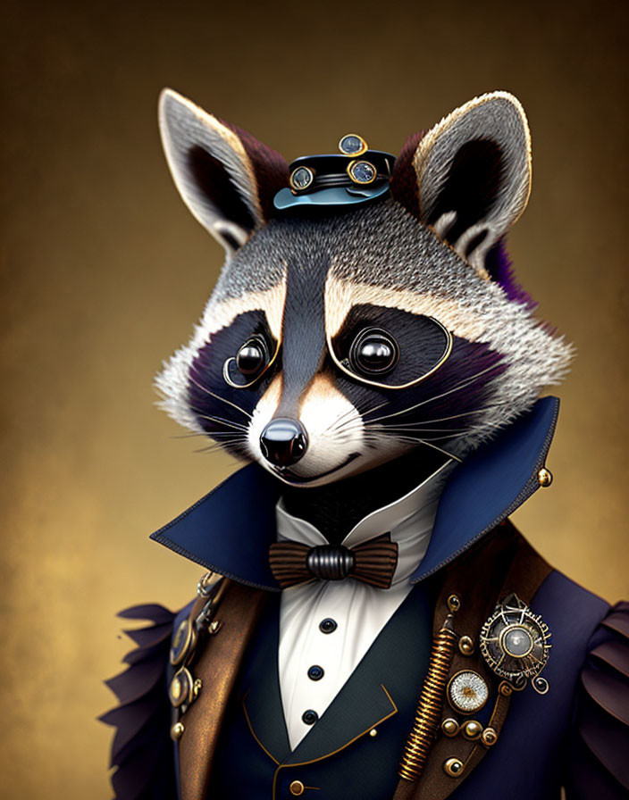 Anthropomorphized raccoon in Victorian attire with steampunk accessories