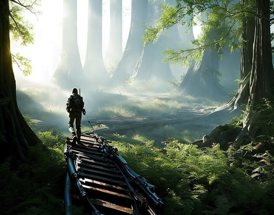 Hiker on forest path with backpack and walking stick among towering trees and morning mist.