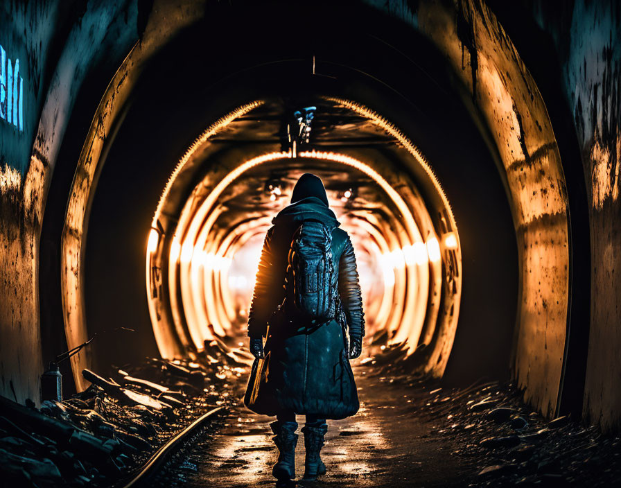 Figure walking in dimly lit tunnel with circular light patterns