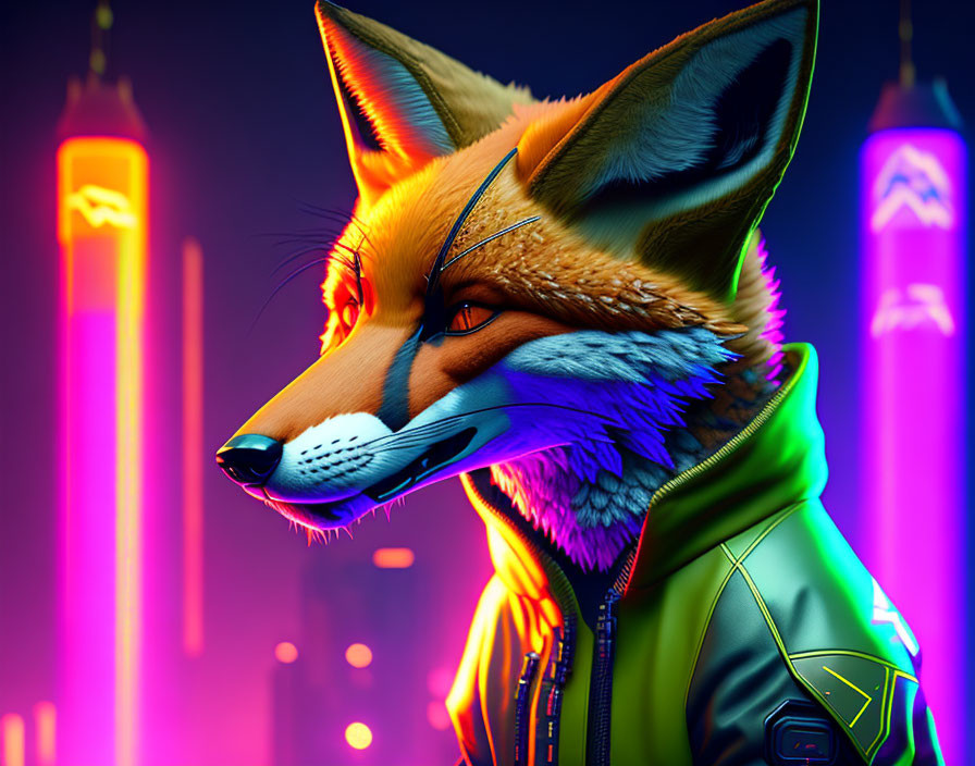Anthropomorphic fox digital art with neon city lights background