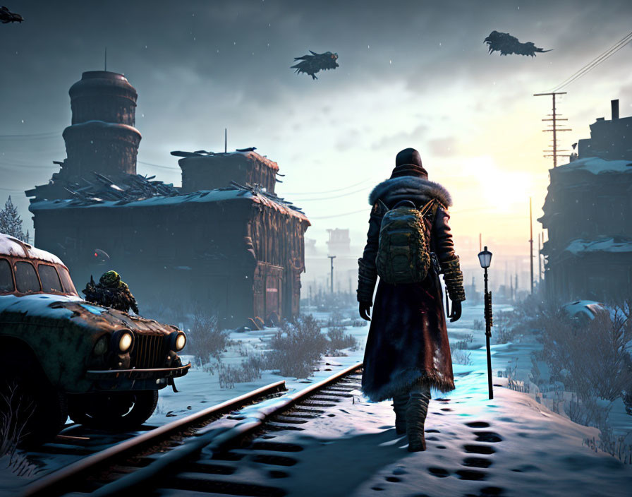 Person in winter coat on snowy train tracks in post-apocalyptic setting with derelict buildings and flying