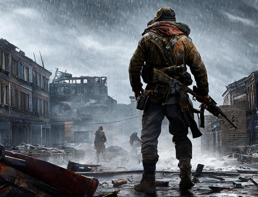 Soldier in jacket with rifle navigating rain-soaked, war-torn cityscape
