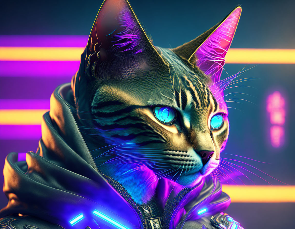 Cat with human-like features in futuristic jacket on neon-lit cyberpunk background