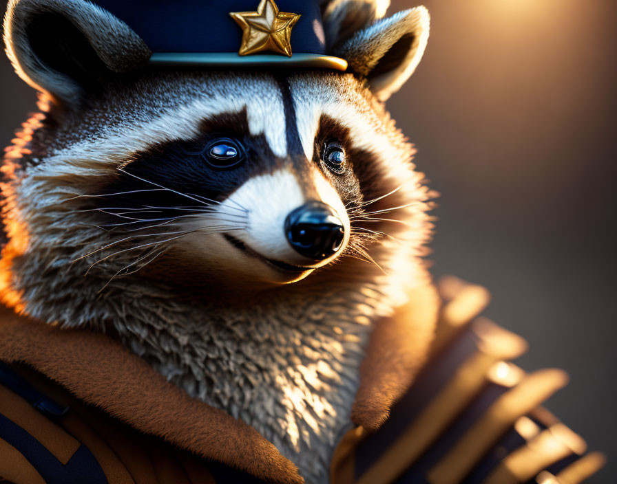 Anthropomorphic raccoon character in police uniform under warm sunlight