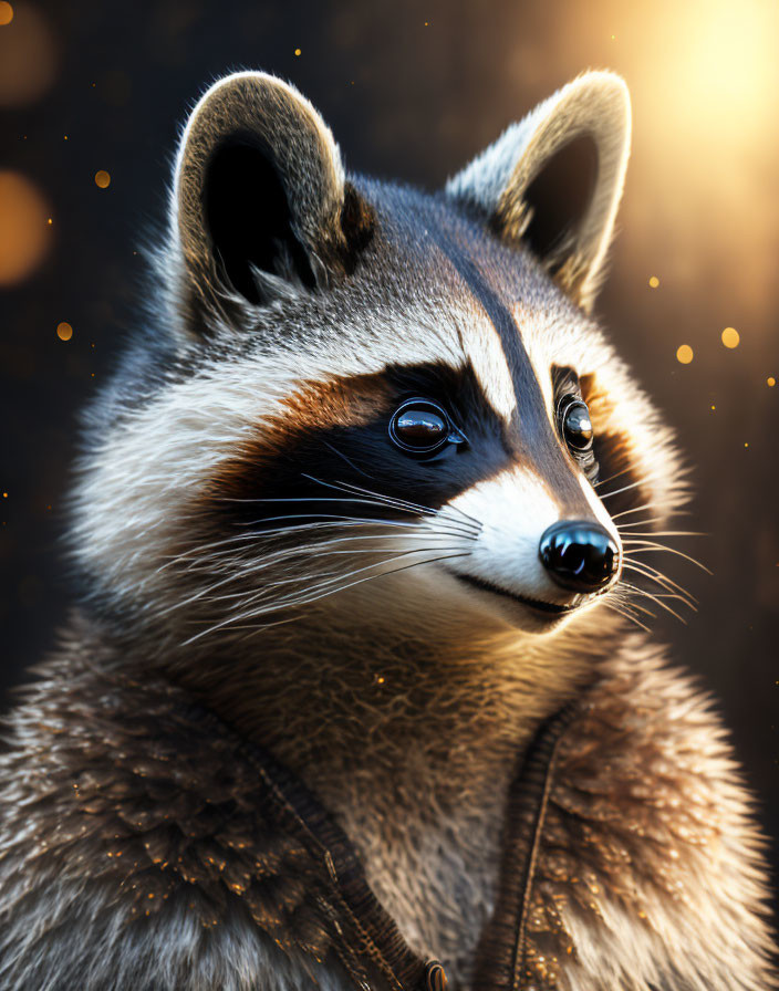 Detailed close-up of a raccoon in warm glowing light against a dark backdrop