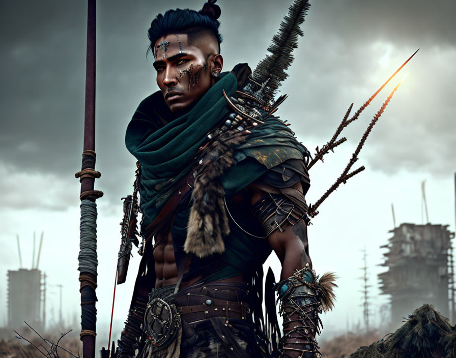 Warrior with tribal face paint in armor, holding spear in post-apocalyptic landscape