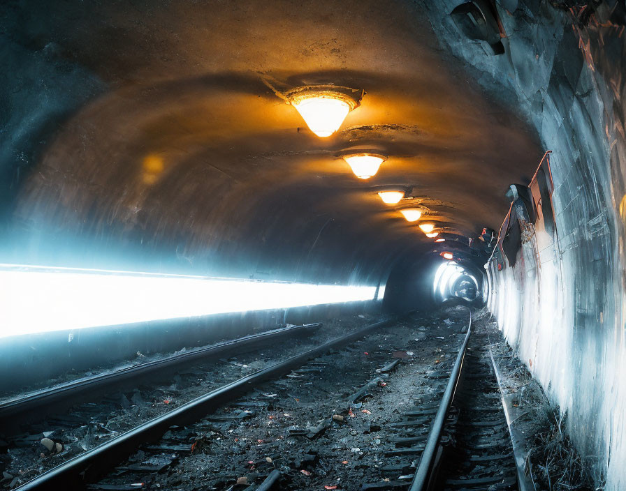 Curved Subway Tunnel with Orange Lights and Vanishing Point