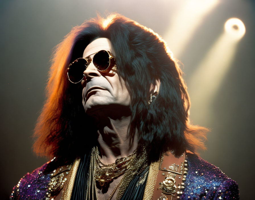Dark-haired person in sunglasses, glittery outfit, and chains under stage lighting