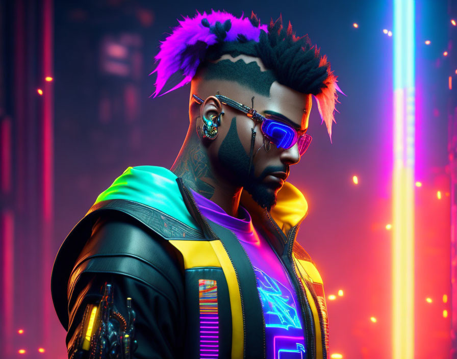 Vibrant cyberpunk aesthetics: neon lights, futuristic sunglasses, colorful mohawk hairstyle.