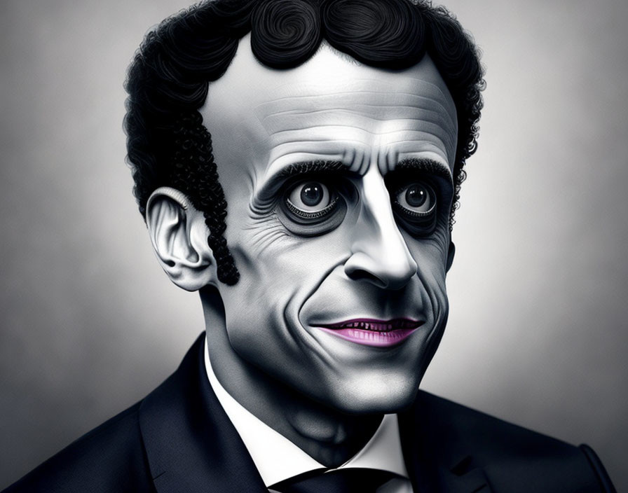 Hyper-stylized portrait of a man in suit and tie with exaggerated features on grey background