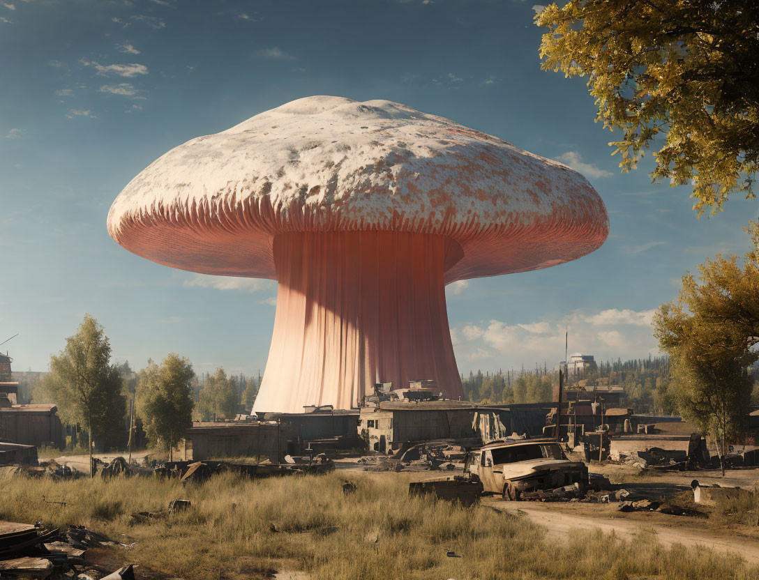 Giant mushroom-shaped structure in urban wasteland