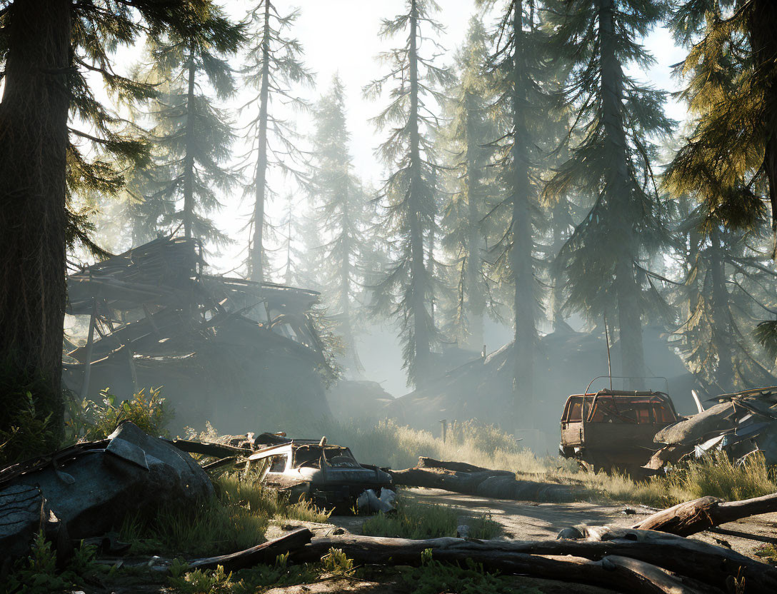 Abandoned cars in forest with overgrown trees & morning light.